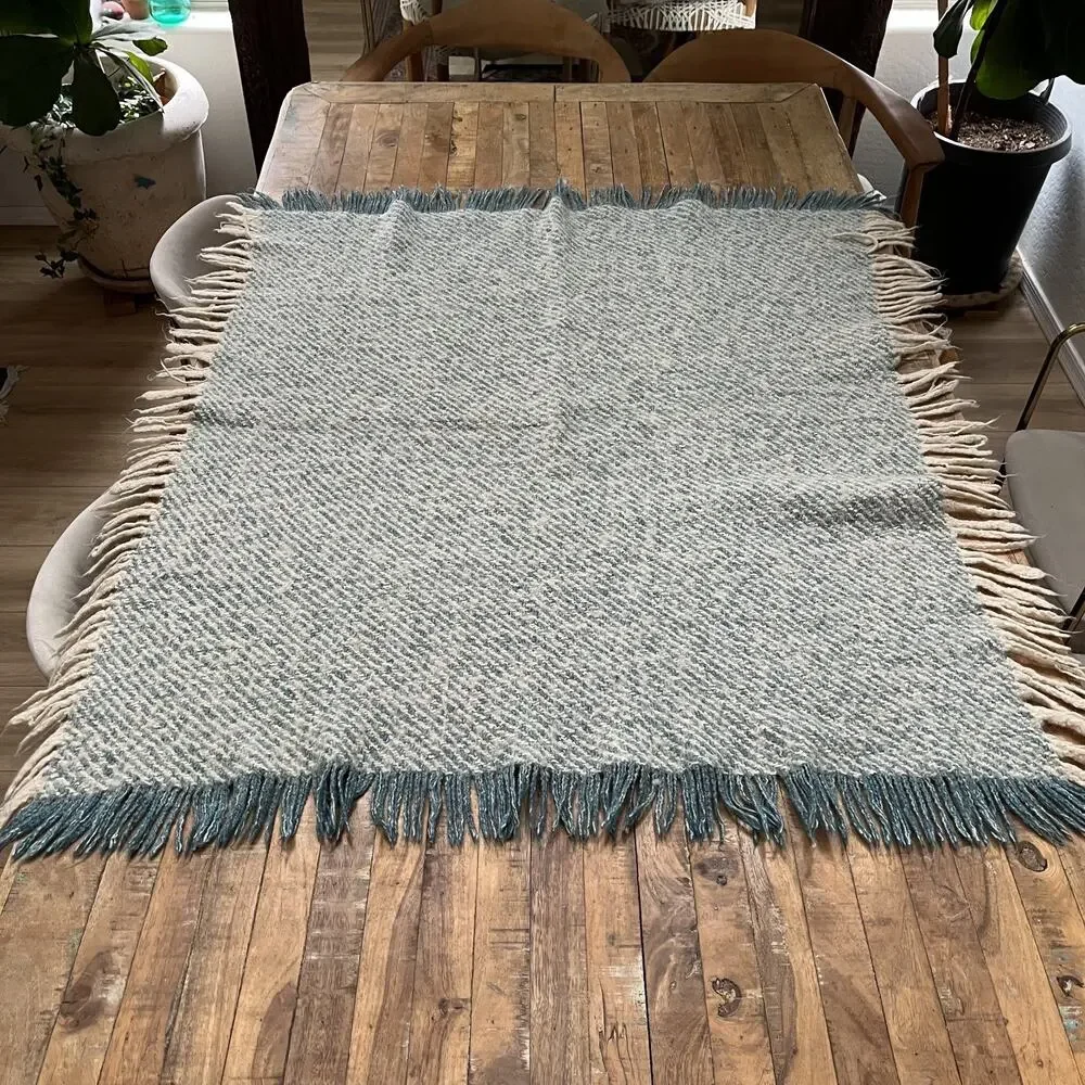 Wool Blend Lap Blanket Blue & Ivory Lush Fringe 37 x 43.5 in